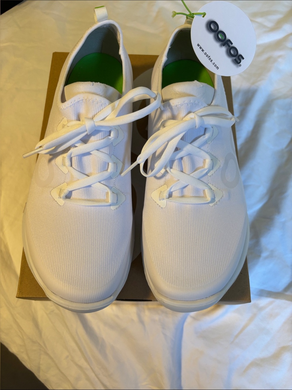 OOFOS White Athletic Lace-Up Sneakers with Green Insoles